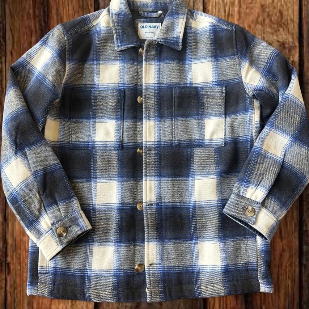 Old Navy Boys Plaid Shacket Blue Gray Sherpa Lined Jacket XL 14-16